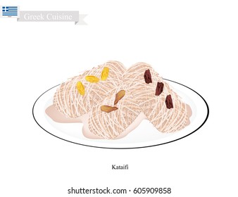 Greek Cuisine, Loukoumades Or Traditional Dessert Balls Topping With Syrup And Almond. One Of Most Popular Desserts In Greece.