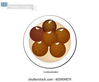 Greek Cuisine, Loukoumades or Traditional Dessert Balls Topping with Syrup and Almond. One of Most Popular Desserts in Greece.
