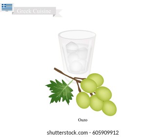 Greek Cuisine, Ouzo or Traditional Greek Aperitif Made From Pressed Grapes, Aniseed, Licorice, Mint, Wintergreen, Fennel, Hazelnut and Berries. One of Most Famous Drink in Greece.