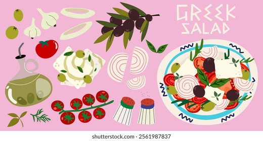 Greek Cuisine poster. Traditional Greek salad with slices of feta cheese, tomatoes, olives, onion and olive oil. Vegetables salad recipe. Fresh vegetables cartoon icon design food