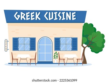 Greek Cuisine Restaurant Set Menu Delicious Dishes Traditional or National Food in Flat Cartoon Hand Drawn Template Illustration