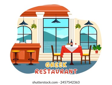 Greek Cuisine Restaurant Vector Illustration with Set Menu Delicious Dishes Traditional or National Food in Flat Cartoon Background Design
