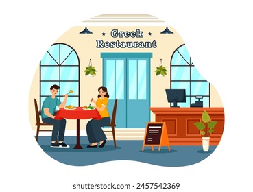 Greek Cuisine Restaurant Vector Illustration with Set Menu Delicious Dishes Traditional or National Food in Flat Cartoon Background Design