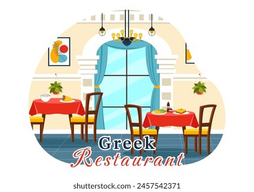 Greek Cuisine Restaurant Vector Illustration with Set Menu Delicious Dishes Traditional or National Food in Flat Cartoon Background Design