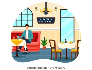 Greek Cuisine Restaurant Vector Illustration with Set Menu Delicious Dishes Traditional or National Food in Flat Cartoon Background Design