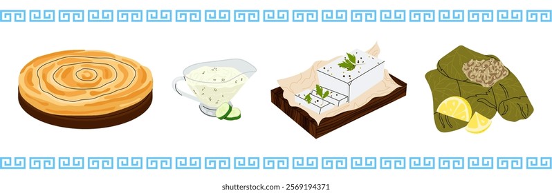 Greek cuisine. Set traditional greek food. Food illustration for menu. Spanakopita, feta cheese, dolma, tzatziki sauce.	
