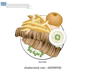 Greek Cuisine, Souvlaki or Traditional Grilled Kebabs Meat Served with Bread and French Fries. The National Dish of Greece.