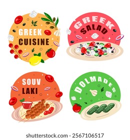 Greek cuisine sticker set, food, dish. Pastitsio, moussaka, dolmades, souvlaki, stifado, gemista, greek salad. Vector illustration