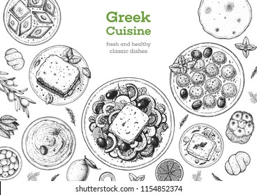 Greek cuisine top view frame. Set of greek dishes with greek salad, pastitsio, taramosalata, keftedes, gemista. Food menu design template. Vintage hand drawn sketch vector illustration. Engraved image