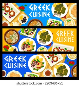 Greek cuisine vector banners. Stuffed grape leaves with meat dolmas, spaghetti with keftedes, tomato and feta crostini. Honey cookies melomakarona and Octopus salad htapodi xidato food of Greece