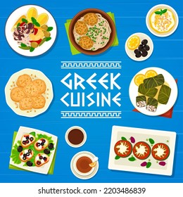 Greek cuisine vector menu cover. Spaghetti with keftedes, grilled vegetables with cheese and stuffed grape leaves with meat dolmas. Tomato and feta crostini, yogurt honey dessert with walnuts meals