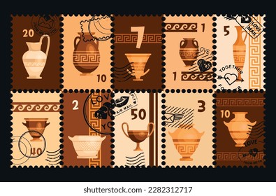 Greek culture ancient Roman art pottery vase ornament ceramic utensil postmark set vector flat illustration. Antique vessel clay artwork amphora crockery jar jug bowl postal correspondence mark