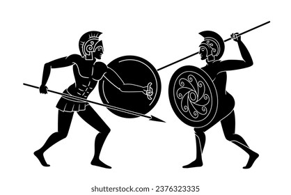 Greek culture black scene. Two men with shields and spears. History and creativity of ancient civilization. Poster or banner. Cartoon flat vector illustration isolated on white background