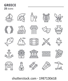 Greek culture, greece icon set. Simple linear symbols collection. History, state, art, food.