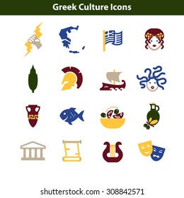 Greek Culture Icons. Colorful Historical, Art, Mythological, Food, State Signs of Greece.
