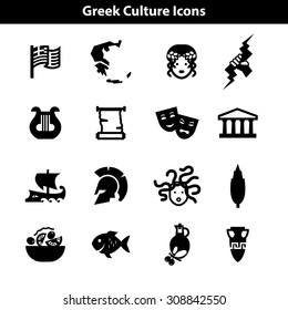 Greek Culture Icons. Historical, Art, Mythological, Food, State Signs of Greece.