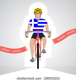 Greek cyclist in front view crossing red finish line vector isolated illustration