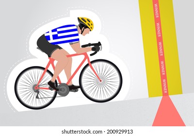 Greek cyclist riding upwards to finish line vector isolated illustration