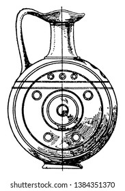 Greek Cyprian Vessel has a geometrical style, its made out of yellow clay and painted in brown, vintage line drawing or engraving.