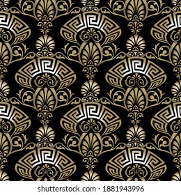 Greek Deco seamless pattern. Gold ancient floral ornaments. Vector ornamental luxury background. Repeat ornate backdrop. Beautiful vintage flowers, greek key, meanders, shapes. Modern elegant design.