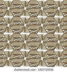 Greek Deco seamless pattern. Gold ancient floral ornaments. Vector ornamental luxury background. Repeat ornate backdrop. Beautiful vintage flowers, greek key, meanders, shapes. Modern elegant design.