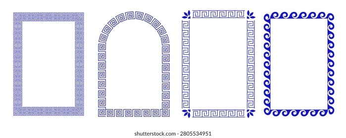 Greek decorative frame collection with geometric meander borders and Mediterranean ornament. Modern blue and white vector illustrations set for cafe and taverna menus and summer vacation designs