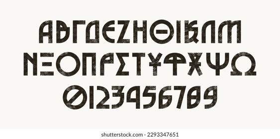 Greek decorative geometric sans serif font in the style of esoteric signs. Bold face. Letters and numbers with rough texture for logo and label design