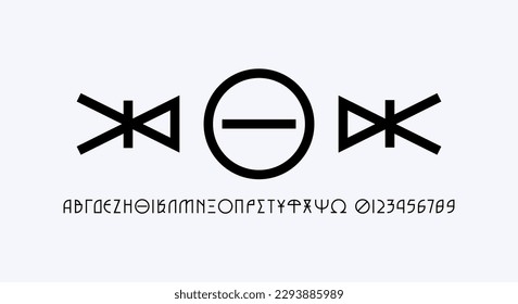 Greek decorative geometric sans serif font in the style of esoteric signs. Letters and numbers with rough texture for logo and label design