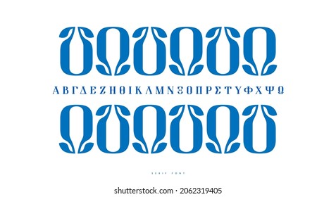 Greek Decorative Serif Font. Letters For Logo And Label Design. Blue Print On White Background