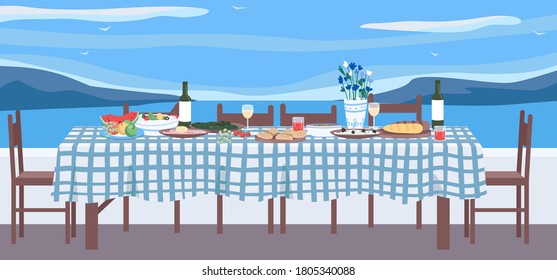 Greek dinner flat color vector illustration. Table with national cuisine. Traditional culinary in Greece for recreation and getaway. Festive furniture 2D cartoon object with seascape on background