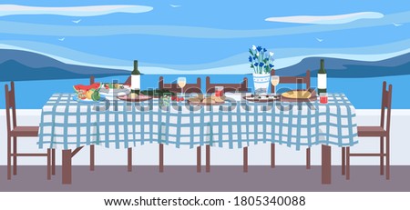 Greek dinner flat color vector illustration. Table with national cuisine. Traditional culinary in Greece for recreation and getaway. Festive furniture 2D cartoon object with seascape on background