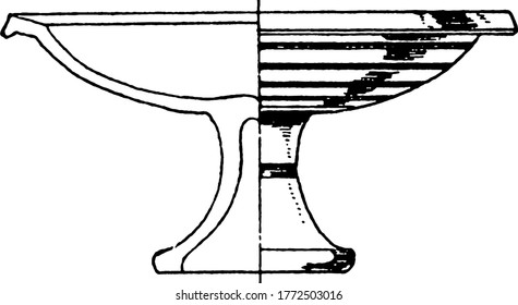 Greek dish, a kylix used as a drinking cup, made out of yellow clay, is decorated in brown on the outside with a geometrical design, vintage line drawing or engraving illustration.