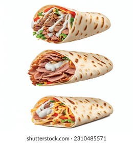 Greek doner in pita with fried juicy meat with thick sauce realistic 3d graphic vector isolated white background