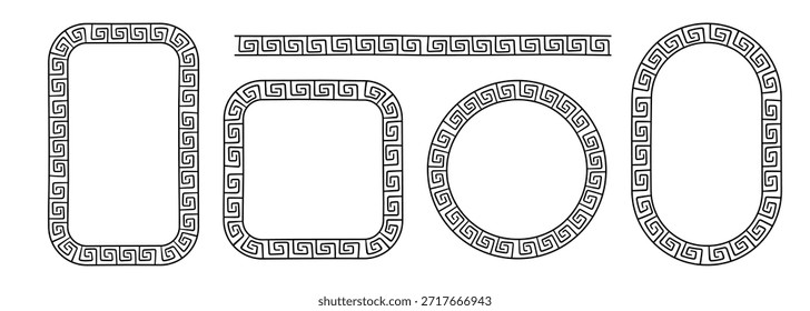 Conjunto de marcos de doodle griegos. Dibujado a mano círculo romano, marco ovalado y rectángulo. Diseño de borde de motivo antiguo griego o romano. Antiguos Elementos de adornos. Ilustración vectorial aislada sobre fondo blanco.