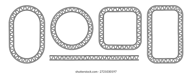 Conjunto de marcos de doodle griegos. Dibujado a mano círculo romano, marco ovalado y rectángulo. Diseño de borde de motivo antiguo griego o romano. Antiguos Elementos de adornos. Ilustración vectorial aislada sobre fondo blanco.