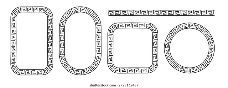 Conjunto de marcos de doodle griegos. Dibujado a mano círculo romano, marco ovalado y rectángulo. Diseño de borde de motivo antiguo griego o romano. Antiguos Elementos de adornos. Ilustración vectorial aislada sobre fondo blanco.