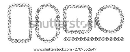 Greek doodle frames set. Hand drawn roman circle, oval and rectangle frame. Greek or Roman ancient motif border design. Ancient ornament elements. Vector illustration isolated on white background.