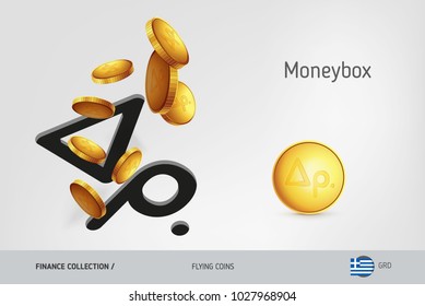 Greek Drachma money box with flying Greek Drachma coins, finance concept. Vector illustration for print, websites, web design, mobile app, infographics.