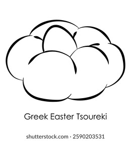 Greek Easter Tsoureki (sweet braided bread). Black outline on white background. Traditional cuisine from around the world. Vector illustration.