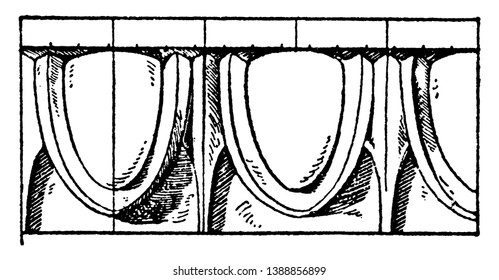 Greek Egg-and-Tongue Moulding is an egg pattern, element shaped, wood and stone or plaster, vintage line drawing or engraving illustration.