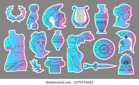 Griechische Elemente klemmen einzeln. Alte Skulpturen, Vasen, architektonische Details, Waffen, Lorbeerkranz, Oliven. Dekorative Objekte mit Farbverlauf und Umriss. Handgezeichnete Vektorgrafik.