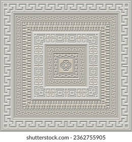 Greek emboss 3d square frames borders tile seamless pattern. Greek embossed vector background. Surface ethnic style ornament. Relief tile with greek key meanders square frames. Endless grunge texture.