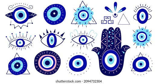 El malvado ojo griego amuleto y hamsa mano en un set. Ojo turco con pestañas, en una pirámide, en un triángulo para amuleto y protección. Ilustración vectorial en estilo plano