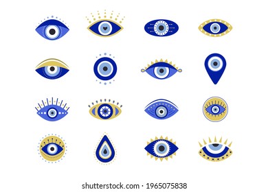 Greek evil eye isolated on a white background. Vector flat illustration with Turkish eyes. Amulet protecting from the evil eye.