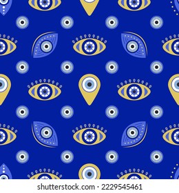 Greek evil eye seamless pattern isolated on blue background. Vector background with Turkish eye.