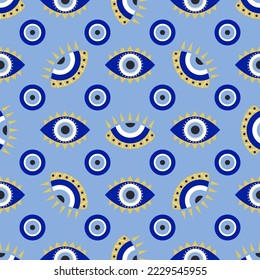 Greek evil eye seamless pattern isolated on a blue background. Vector background with Turkish eye.