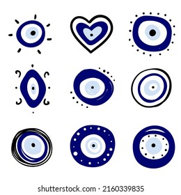 Greek evil eye vector symbol of protection. Amulet icon. Turkish Nazar Boncugu amulet illustration. Believed that it protects against evil eye. Hand drawn collection. Set of blue Turkish eyes