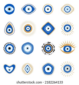 Greek evil eye vector symbol of protection. Amulet icon. Turkish Nazar Boncugu amulet illustration. Believed that it protects against evil eye. Super collection. Set of blue Turkish eyes