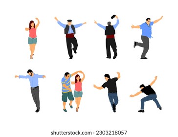 Greek Evzone dance. Dancing group vector illustration isolated on white. Traditional folk dance. Wedding dancing couple. Balkan dance kolo. Sirtaki, Syrtaki, hasapiko dancer. Groom and bride.