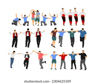 Baile Evzone griego. Ilustración vectorial de grupo de danza aislada en blanco. Danza folclórica tradicional. Matrimonio bailando pareja. Baile balcánico kolo. Sirtaki, Syrtaki, bailarina de hasapiko. Groom y novia.